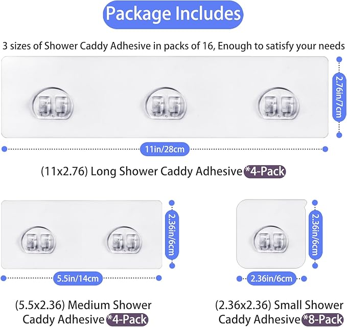 16-Pack Shower Caddy Adhesive Replacement, Transparent Adhesive Hooks Stickers, Strong Hook Strip for Shower Caddy Basket Shelf, Soap Holder, Bathroom Storage Racks and Kitchen Racks