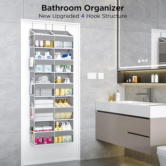 2 Pack 5-Tier Over The Door Organizer with 10 Side Mesh Pockets & Clear Windows, 80 lbs Weight Capacity Hanging Storage for Bathroom, Bedroom, Nursery, Kitchen, Organize Shoes, Diapers(Grey)