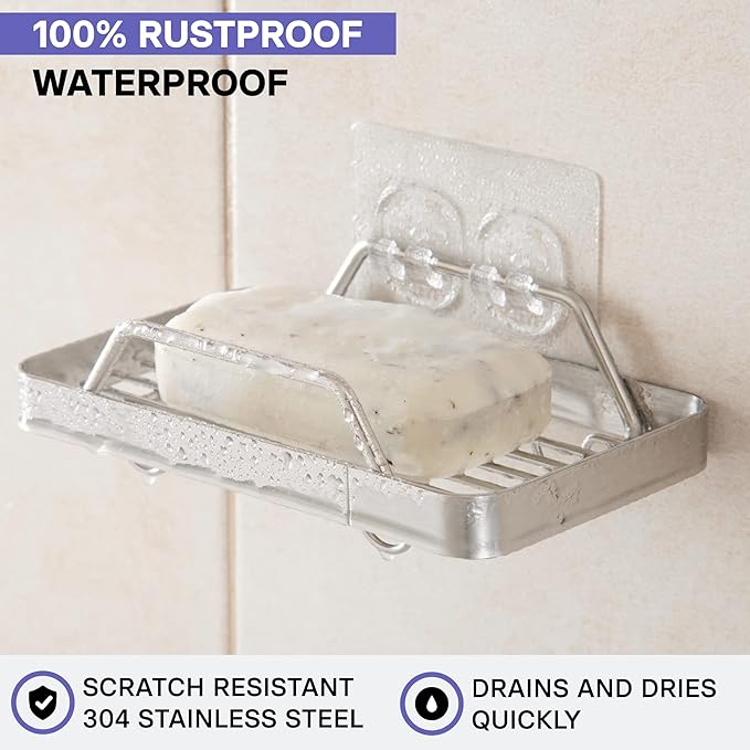 KINCMAX Premium Adhesive Soap Holder for Shower Wall - Drill Free Bar Soap Dish for Bathroom Storage - Stainless Steel Shower Soap Caddy w/Adhesive Sticker (Silver)