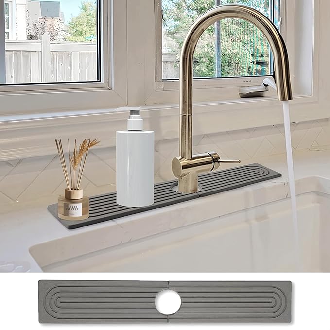 Stone Faucet Mat for Kitchen Sink- 15.6''x 3.9''Diatomite Fast-Drying Faucet Mat, Super Water Absorbing Stone Tray for Sink,Faucet Splash Guard for Bathroom Counter (Dark Gray)