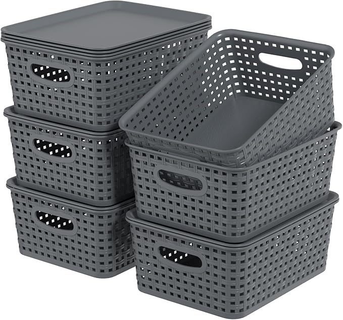6-Pack Small Plastic Woven Storage Basket with Lid, Stackable Organizer Basket Bin, Grey