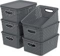 6-Pack Small Plastic Woven Storage Basket with Lid, Stackable Organizer Basket Bin, Grey