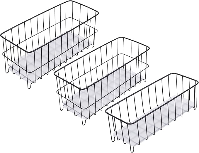 TIEYIPIN Farmhouse Decor Small Metal Wire Storage Organizer Basket Bins, Stainless Steel Organizing Basket Caddy Bin for Kitchen Cabinets, Bathroom, Pantry, Garage - Black (Set of 3)