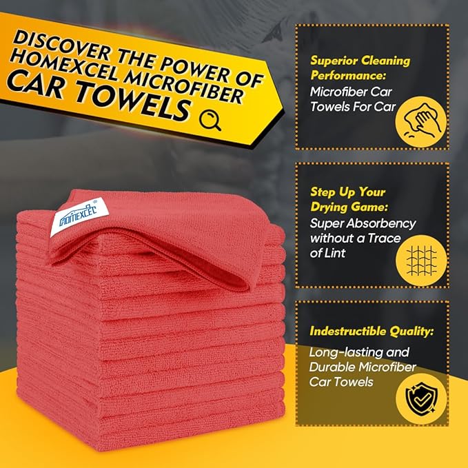 HOMEXCEL Red Microfiber Cleaning Cloth 50 Pack, 12.5 x 12.5 inch Microfiber Towels for Cars, Ultra Absorbent Car Washing Cloth, Lint Free Streak Free Cleaning Rags for Car, Kitchen, and Window