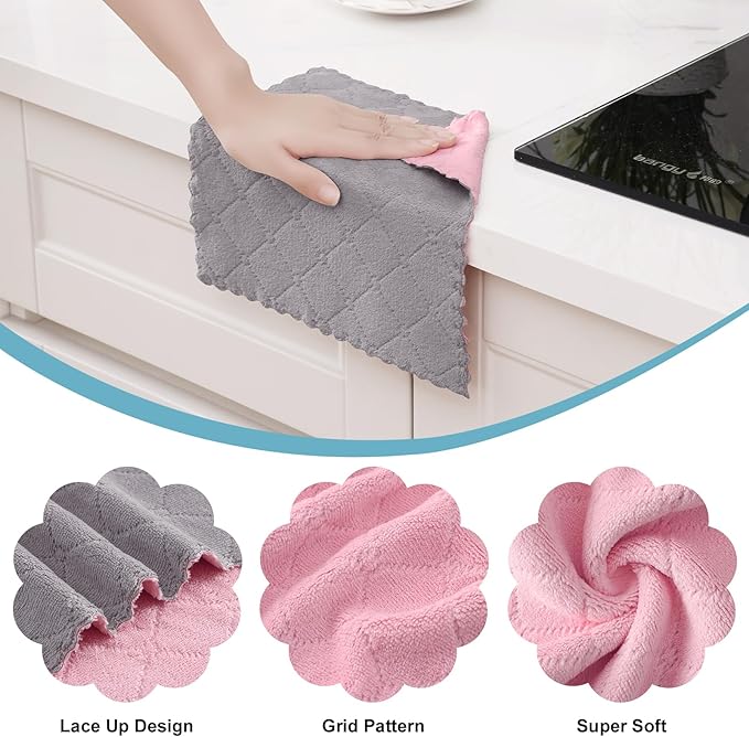 Homaxy 12 Pack Kitchen Cloths Dish Towels (10" x 10", Grey & Pink), Super Soft and Absorbent Dish Cloths, Coral Velvet Microfiber Cleaning Cloth, Nonstick Oil Fast Dry Dishcloths