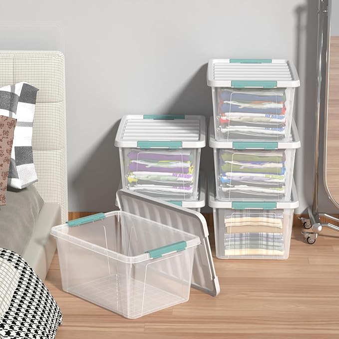 Zopnny 35 Qt. Stackable Plastic Storage Bins with Lids, 6 Pack, See-Through Organizing Solution, Latches, Durable Nestable Containers, Clear