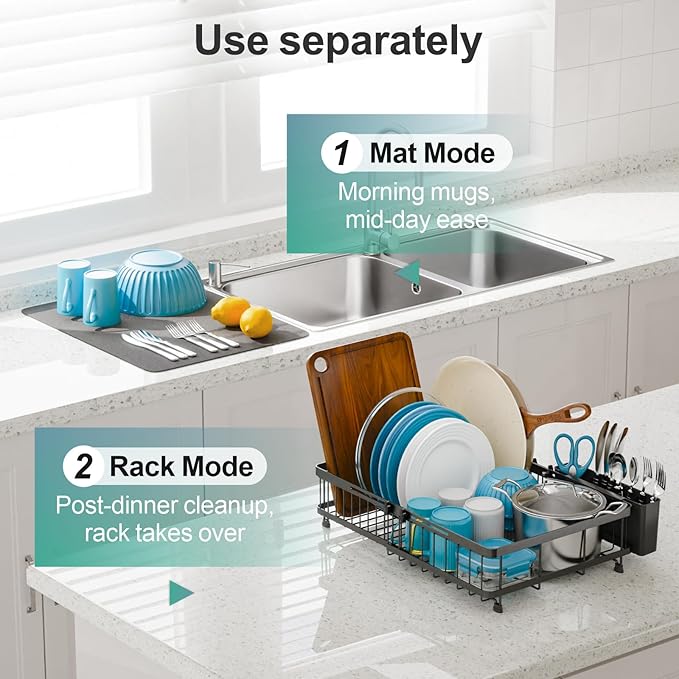 GSlife Family Size Large Capacity Expandable Dish Drying Rack with Absorbent Mat, Rust Resistant Dish Drainer for Plates Bowls Pots and Pans, 16.5"-21.3" L x 14.7" W, Black