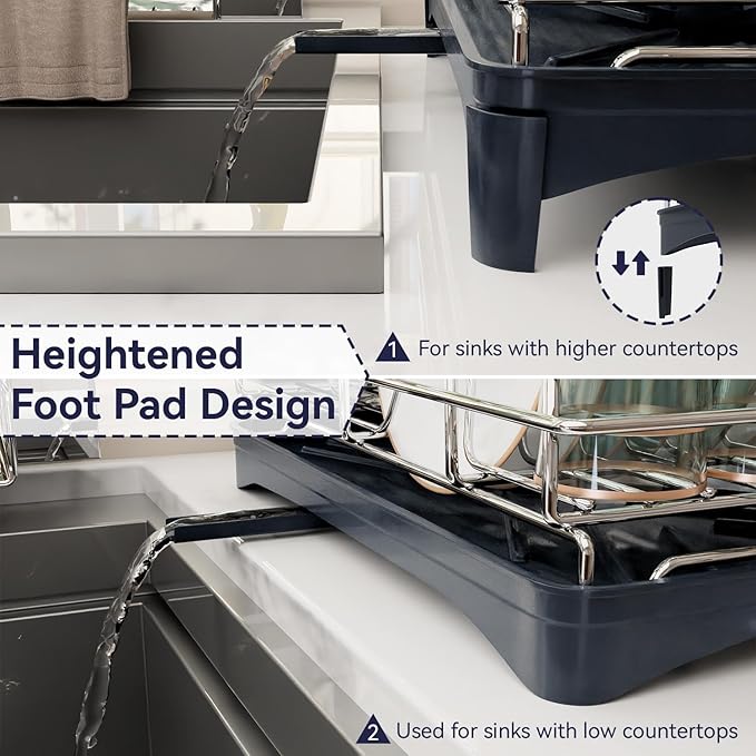 Dish Drying Rack, 304 Stainless Steel Dish Racks for Kitchen Counter with Cutlery Holder & Sponge Holder, Large Dish Drainer with Removable Drainboard, 11.8''W x 16.7''L (Stainless Steel)