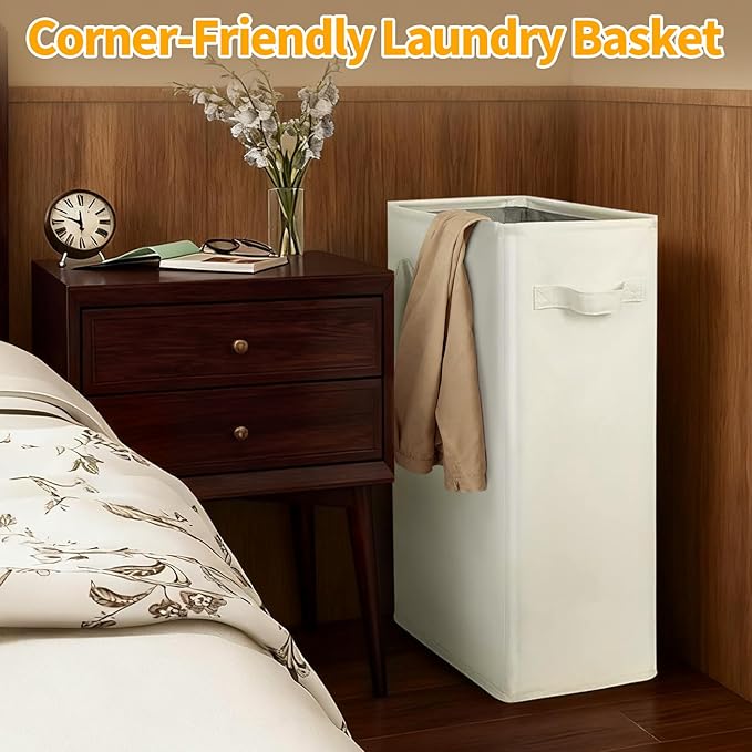 Slim Laundry Hamper, 48L Ultra Thin Collapsible Laundry Basket with Handles, Foldable Basket Laundry Bag Dirty Clothes Hamper for Bathroom Bedroom(Beige)
