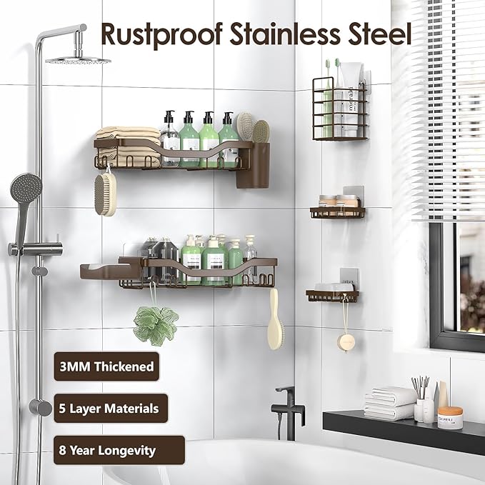 Shower Caddy Adhesive Shower Organizer 7-Pack, Rustproof Stainless Steel Bathroom Shelves, Large Capacity No-Drill Rack Storage Accessories with Soap Dish Toothbrush Holder Hooks