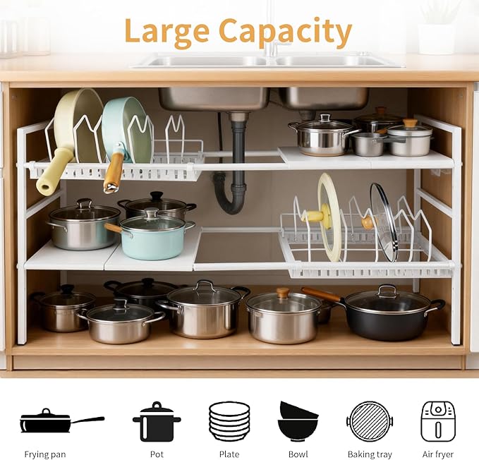 Pots and Pans Organizer Under Cabinet, Expandable Length, Adjustable Height Under Sink Shelf 2 Tier with 5 Dividers Under Cabinet Shelf, Metal Frame for Bathroom Kitchen Pantry Cabinet (White)
