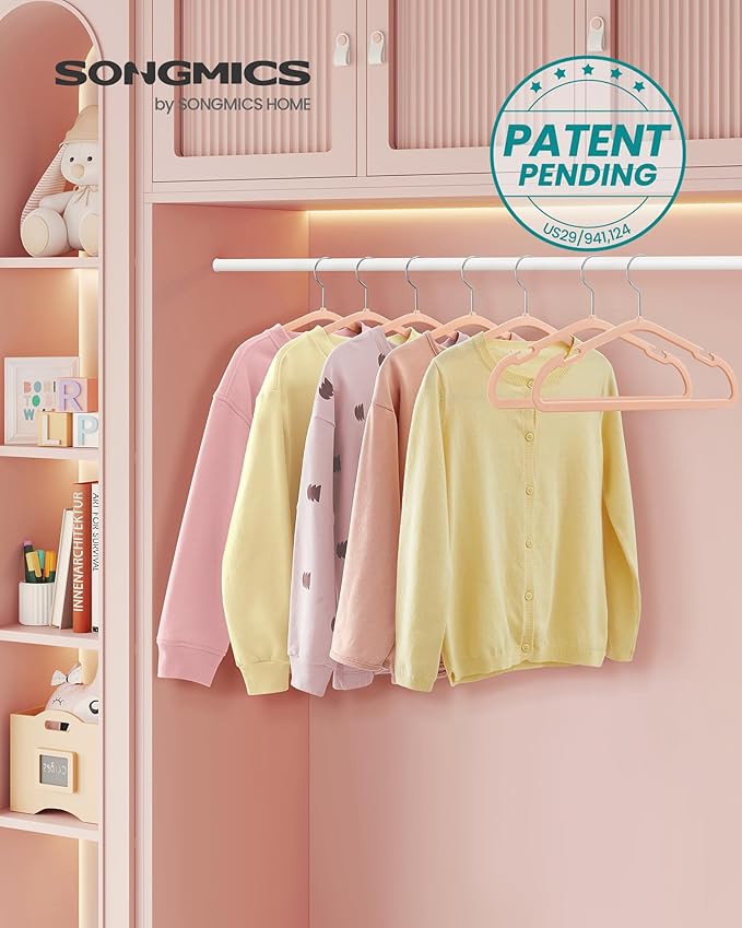 SONGMICS Kids Hangers 50 Pack, 14 x 8 Inches, Non-Slip Velvet Baby Hangers for Closet, Space-Saving, Wide Shoulder Notches, Coral Pink UCRF038R01