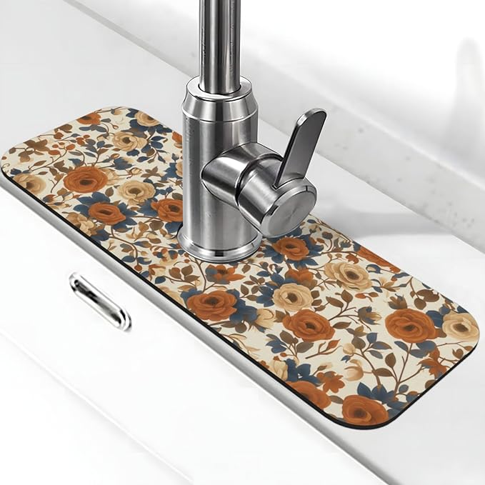 Faucet Draining Mat For Kitchen Sink, Peony Flower Blue Leaves Diatom Mud Absorbent Drain Pad For Bathroom Kitchen Sink Splash Guard Drying Mat