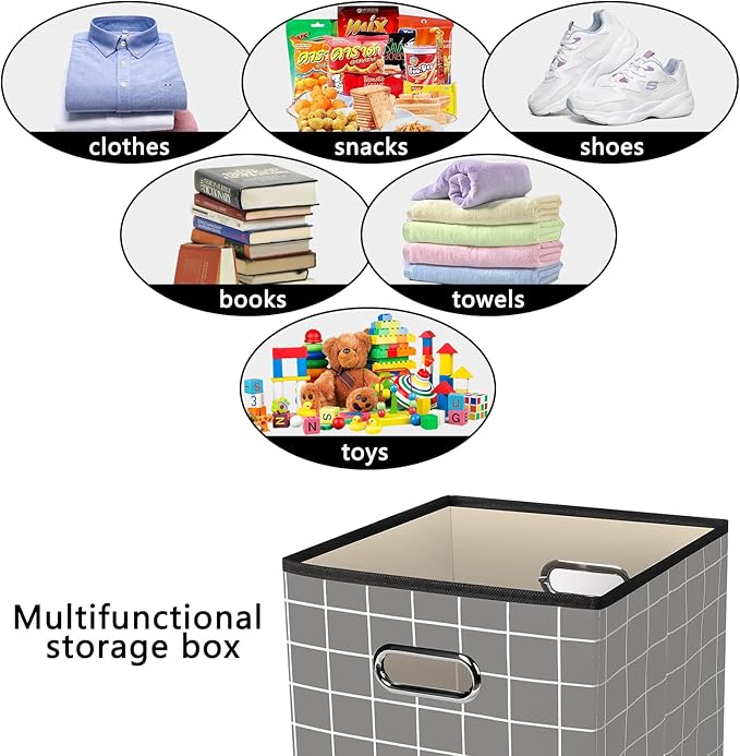 Yunkeeeper storage bins Cubes, Fabric Cube Organizer with Handle, Foldable Cube Bins for Cloth or Accessary Storage, 11x11x11, Set of 6, (Grey grid)