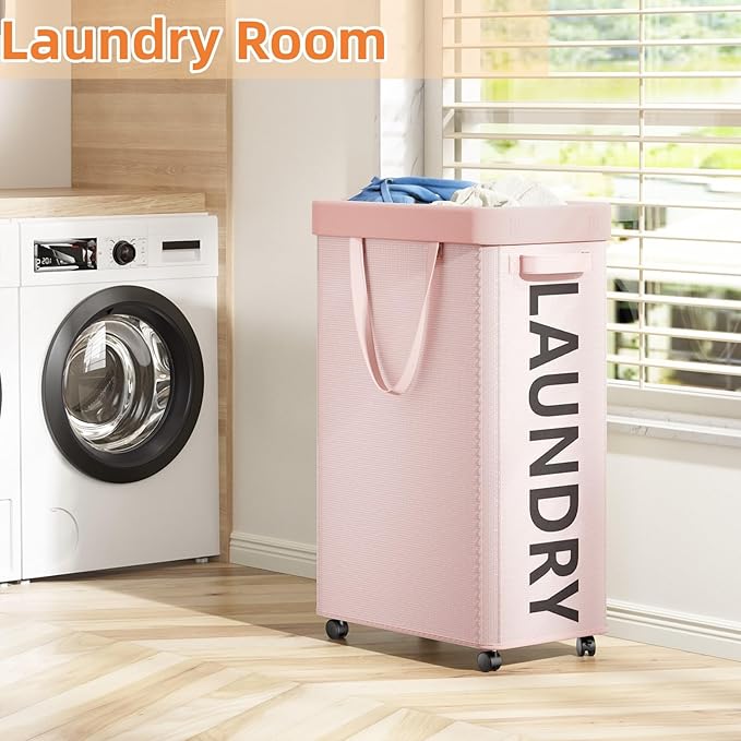 2 Pack Rolling Laundry Basket with Wheels, 90L Hamper with Wheels and Removable Mesh Bag, Pink Laundry Baskets on Wheels for Bedroom, Dorm, Clothes Hamper Organizer