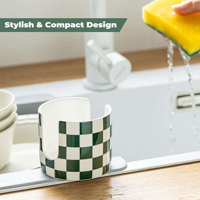 Ceramic Kitchen Sponge Holder, Dish Sponge Holder Suitable for Scrubby Farmhouse Dish Rack Brush Holder for Christmas Bathroom, Kitchen, Sink, Green and White