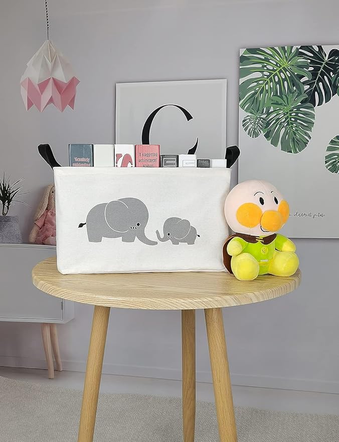 QUEENLALA Rectangular Laundry Hamper/Foldable Nursery Laundry Basket for Organizing/Storage Bin Baskets/Children Toy Office Bedroom/Toy Bin Closet Shelf Baskets（Rec-Parent-child elephant）