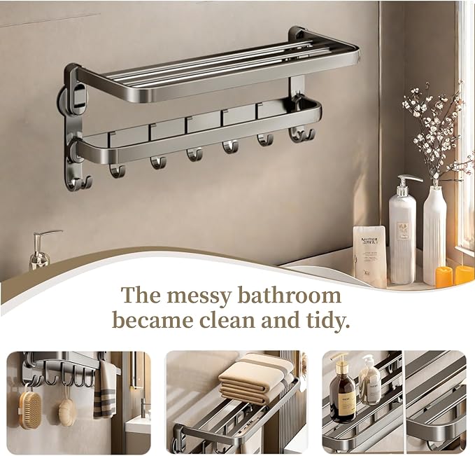 Aluminum Alloy Suction Cup Towel Rack, Bathroom Storage Shelf, No-Drill Mounting (Medium)