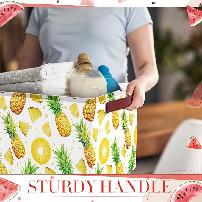 Boao 3 Pack Fruit Pattern Storage Basket with Handles, Large Collapsible Canvas Storage Bins, Cute Rectangle Laundry Basket Organizer for Kids Room, Playroom, Bedroom, Closet, Kitchen, Nursery Decor