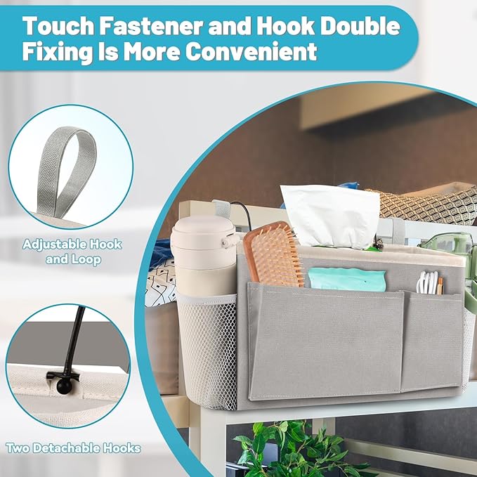 BlissTotes Bedside Caddy, Bedside Storage Organizer for Bunk Bed Accessories, Dorm Storage for Bedside Shelf and Bunk Bed Shelf, Bed Caddy for Home, Dorm, Bunk (Light Gray, 2 Pack)