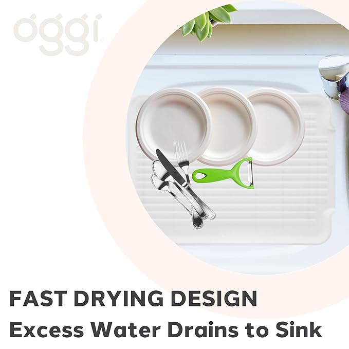 Oggi Dish Drain Board and Drying Rack Tray for Kitchen Counter, Plastic Drainboard with Raised Ridges, 12.75 x 17.25 inches - White