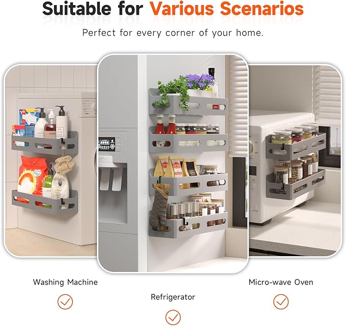 4 Pack Strong Magnetic Spice Rack for Refrigerator, Multipurpose Magnetic Shelf for Fridge with 4 Hooks for kitchen and Bathroom Organization, Grey