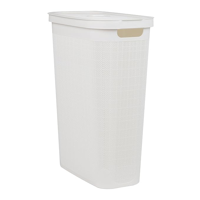 Mind Reader Slim Laundry Hamper with Lid, 40L Clothes Basket, Linen Design, Plastic, White