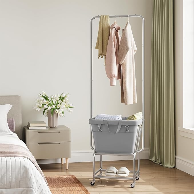 ELYKEN Laundry Cart with Hanging Rack, Rolling Laundry Hamper with Wheels, Laundry Basket with Removable Liner Bag and Shelf, Sturdy Metal Frame Dirty Clothes Basket for Hotel, Home, Closet, Dorm