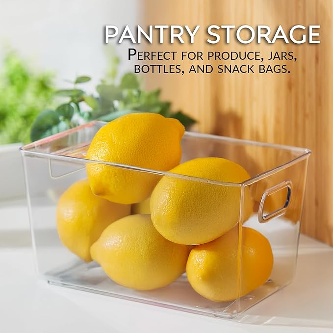 Set of 6 Clear Plastic Storage Bins With Handles, Containers To Organize Pantry, Fridge, Cabinet, Kitchen, Countertop, Closet, Cupboard, Home Organization and Storage