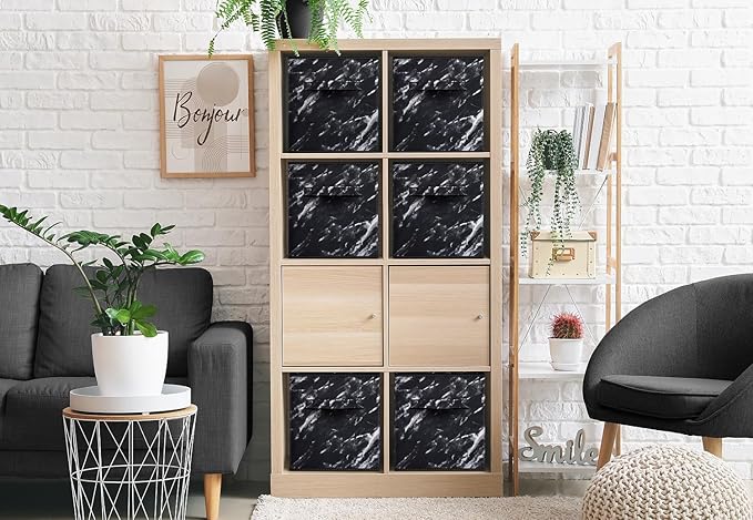 Sorbus Collapsible Fabric Storage Cubes - 11" Foldable Organization Baskets with Handle - 4 Black Marble for Pantry, Closet, Nursery, Dorm, Toy Storage