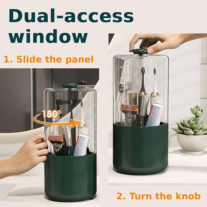 YOOLENS Toothbrush Holder with Cover 360 Rotating 4 Compartments Bathroom Toothpaste Electric Toothbrush Organizer, Dark Green