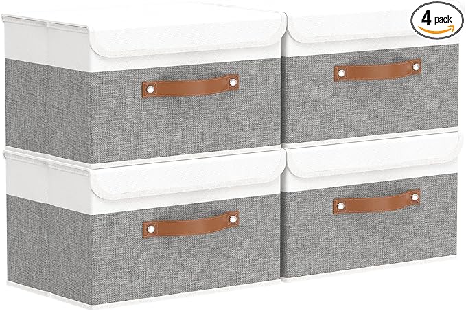 OUTBROS Large Fabric Storage Box with Lid, Collapsible Wardrobe Organiser, Cubes For Towels, Clothes, 13 x 9.1 x 7.9 inch (White/Grey, 4-Pack)