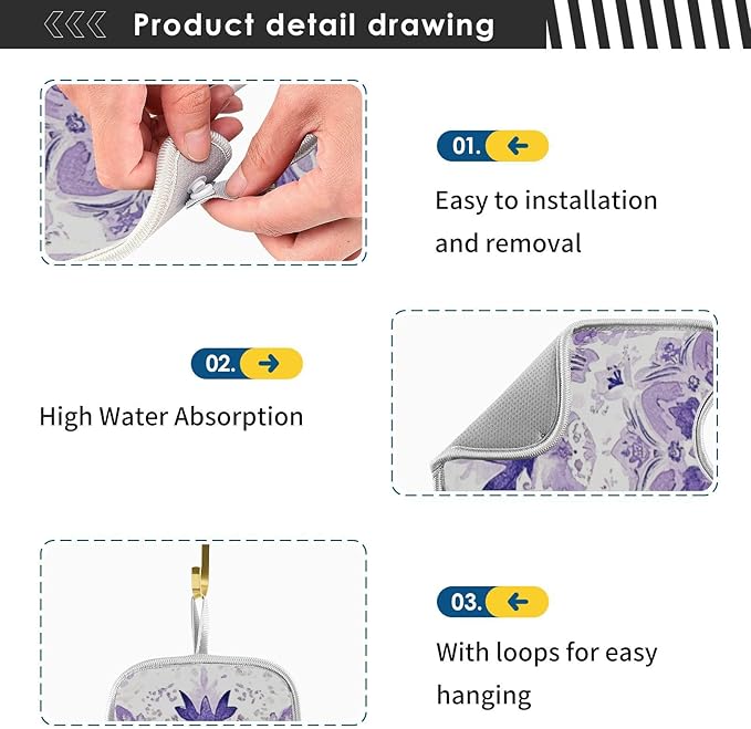 Sink Faucet Absorbing Mat Kitchen Sink Splash Guard Splash Faucet Drip Catcher for Bar RV Bathroom 2PCS 23.6x5.5in Lavender Flowers Teal Mandala Purple