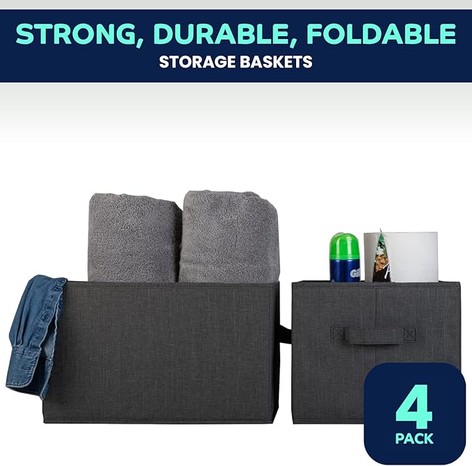 Pomatree Storage Baskets - 4 Pack - Sturdy Large Fabric Bins | Foldable Organizing Basket Bin for Home, Nursery, Closet & Shelves Organization | Storage Basket Cube Shelf Organizer (Black)