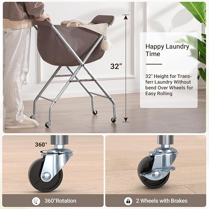 ELYKEN Laundry Cart with Wheels, 32”H Easy Rolling Laundry Hamper with Removable Liner Bag, Sturdy Metal Frame Clothes Basket with 4 Casters and 2 Brakes