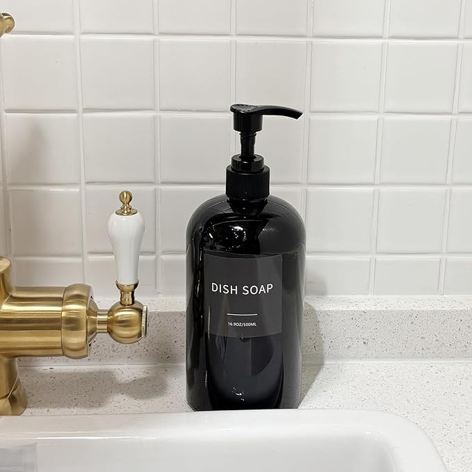Soap Dispenser with Waterproof Labels, Thickened Plastic Hand Soap Dispenser for Bathroom, Kitchen Dish Washing Liquid Bottles, Shampoo and Conditioner Bottles (16.9 oz, Set of 2, Black)