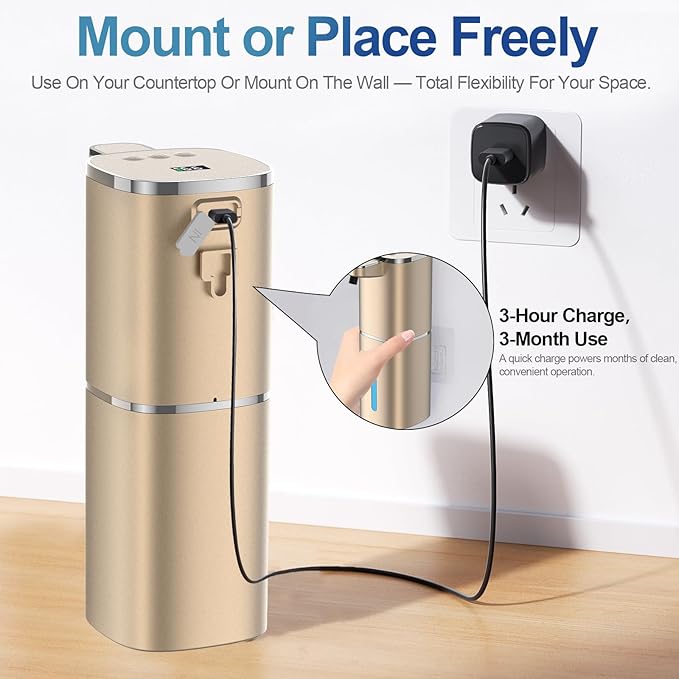 Automatic Liquid Soap Dispenser, 9 Adjustable Levels, 380ml/12.8oz, Touchless Hand Soap or Dish Soap Dispenser,IR Sensor & Display,Wall-Mount or Tabletop Use for Bathroom Kitchen (Gold)