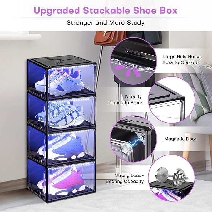 Shoe Storage Organizer for Closet, Foldable Shoe Boxes Rack 2 pack, Clear Plastic Stackable Containers Bins Holder, Magnetic Sneaker Shelf for Sneakerheads with LED Lights (Black)