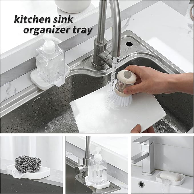 MicoYang Silicone Bathroom Soap Dishes with Drain Spout-Bathroom and Kitchen Sink Organizer,Sponge Holder,Dish Soap Tray,Perfect for Dispenser,Scrubber,Bottle,Cup on Sink or Counter-White 4.9"×3.2"