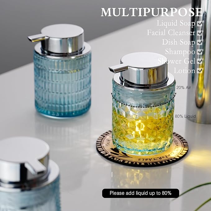Hand Soap Dispenser Glass, Refillable Liquid Dispenser for Bathroom & Kitchen,Lotion Dispenser with Large Silver Pump（Diamond Pattern-Blue）