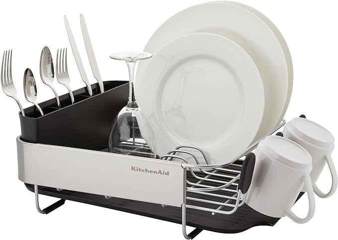 KitchenAid Compact, Space Saving Rust Resistant Dish Rack with Removable Flatware Caddy and Angled Self Draining Drainboard, 16.06-Inch, Black
