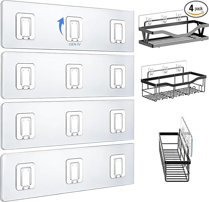 EJGIEGSO Shower Caddy Adhesive Replacement Hooks, Heavy Duty Waterproof Strips, No Drilling for Bathroom Shelves, Kitchen Racks, and Soap Holders (Transparent-4 Pack 3 Hook)