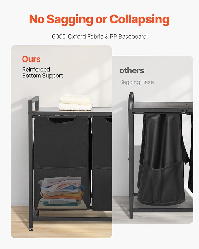 VEVOR 4 Section Laundry Sorter, Large Laundry Hamper with Metal Frame and Wooden Tabletop, Freestanding Storage Organizer Baskets with Pull-Out 600D Oxford Cloth Bags for Dirty Clothes, Bathroom