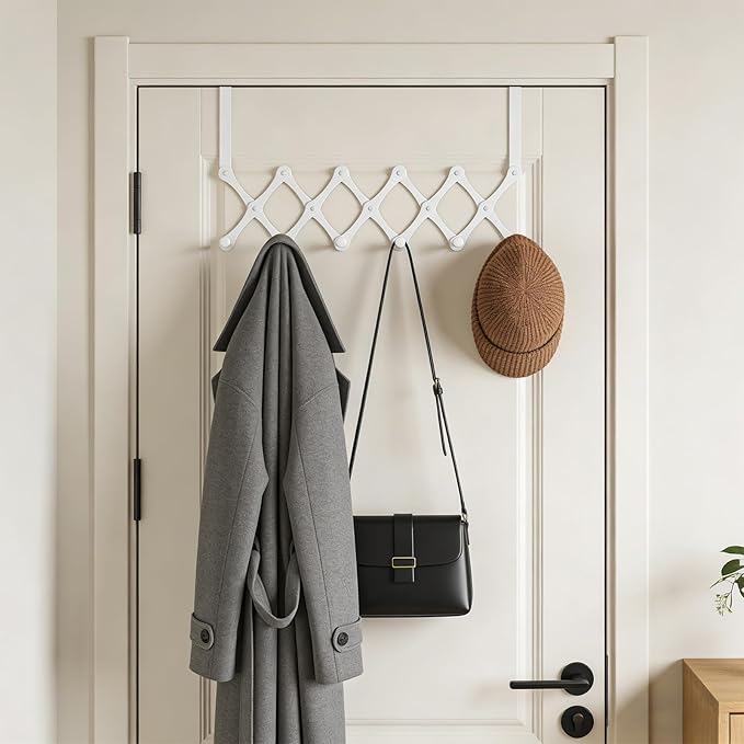 SCUNDA Expands Over The Door Hook Rack, Heavy Duty No Drill Hooks for Bathroom, Bedroom, Kitchen, Closet - Over The Door Hanger for Towels, Robes, Bags, Coats(White)