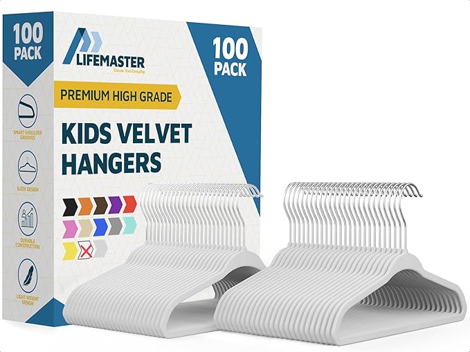 White Velvet Kids Hangers 100 Pack, 10.83" Non-Slip Baby & Toddler Hangers for Clothes, Space-Saving Slim ABS Plastic with 360° Swivel Hook & Notched Shoulders, Up to 10 lb Capacity