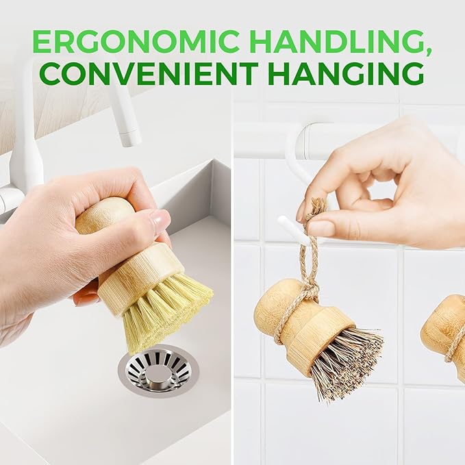 Bamboo Dish Brush Set of 3 - Natural Wooden Dish Scrubber w/Medium Stiff Sisal & Coconut Bristles - Kitchen Scrub Brush for Dishes, Pots & Pans - Plastic Free, Non Scratch Bristles