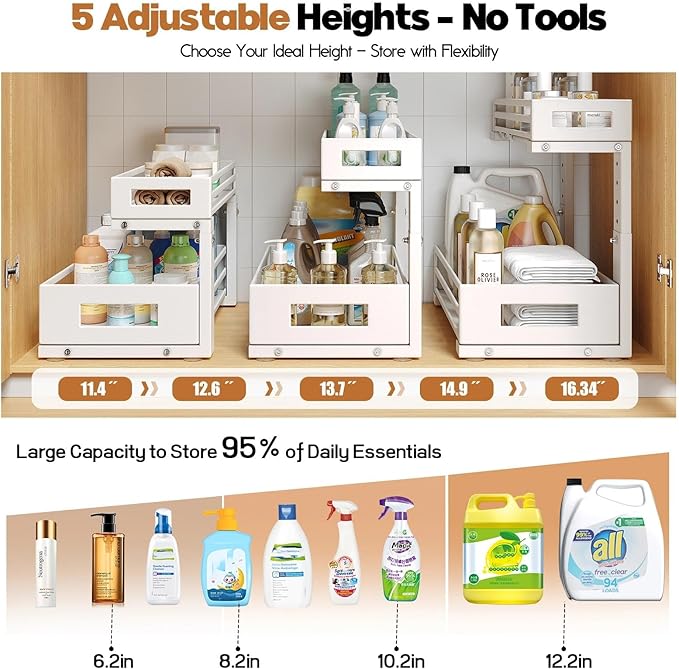L-Shaped Metal Under Sink Organizer, 2-Tier Double Pull-Out Cabinet Organizer for Kitchen & Bathroom Storage, Height Adjustable, Smooth Cylinder Rail, White, 2 Packs