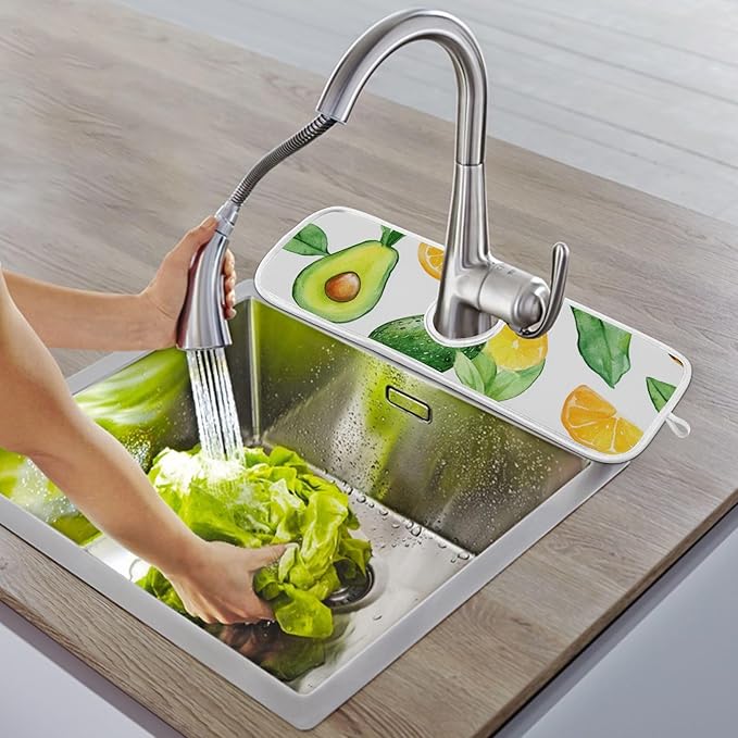 Sink Faucet Absorbing Mat Kitchen Sink Splash Guard Splash Faucet Drip Catcher for Bar RV Bathroom 2PCS 30x5.5in Cartoon Green Avocados Pineapples