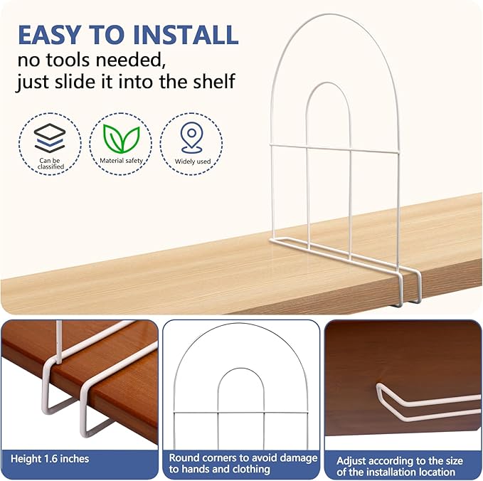 4-Pack 12" Tall Shelf Dividers - Closet Shelf Organizer - Easy to Install - No Tool - White PE Coating Steel