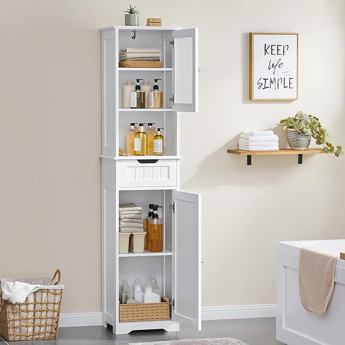 Yaheetech 67” Tall Bathroom Storage Cabinet,Narrow Floor Cabint with 2 Doors and 1 Drawer,Slim Bathroom Organizers,Adjustable Shelves,Storage Unit for Living Room, Entryway,Kitchen,White